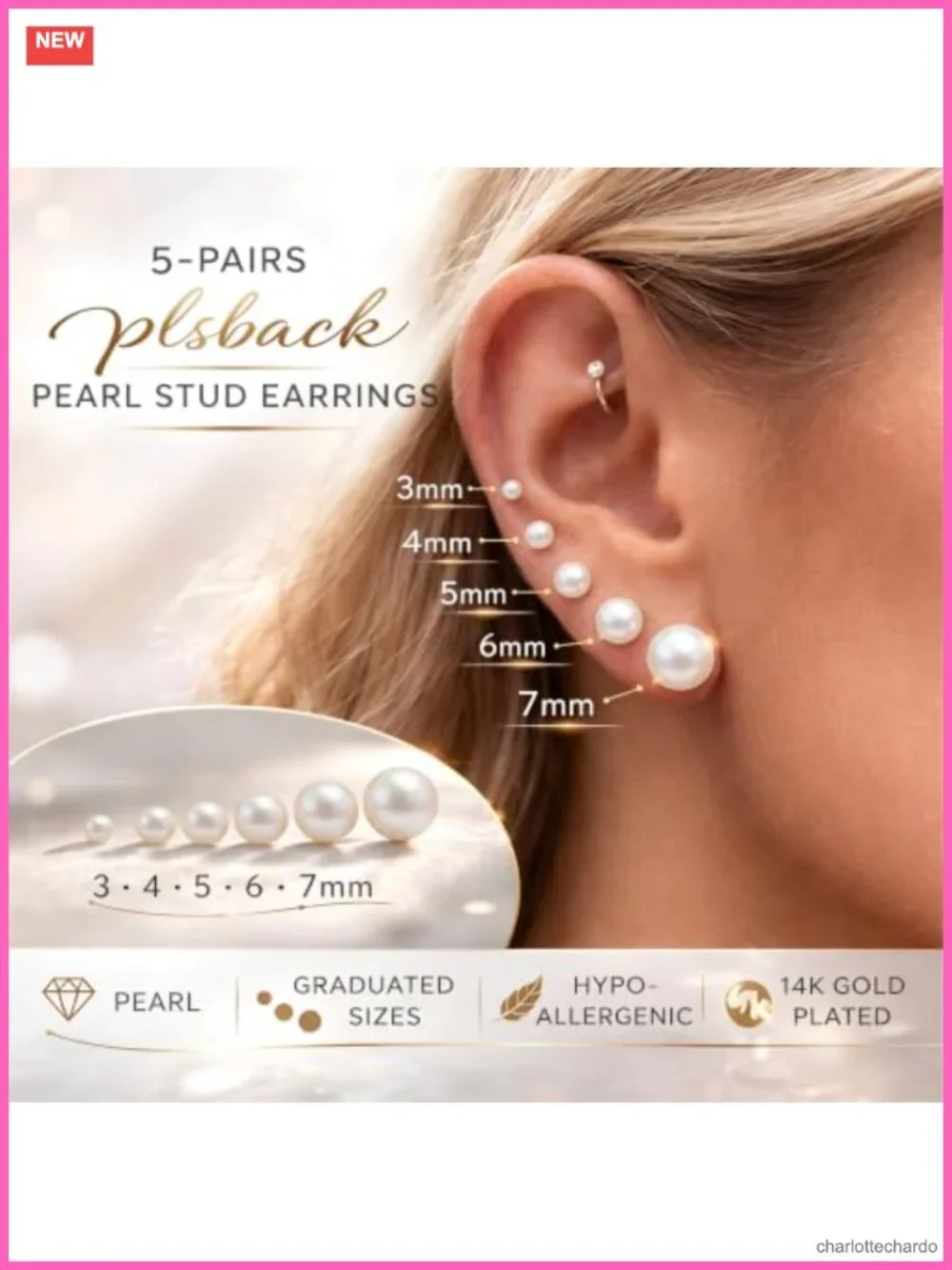 14K Gold Plated Hypoallergenic CZ & Pearl Stud Earrings Set - 10 Pairs